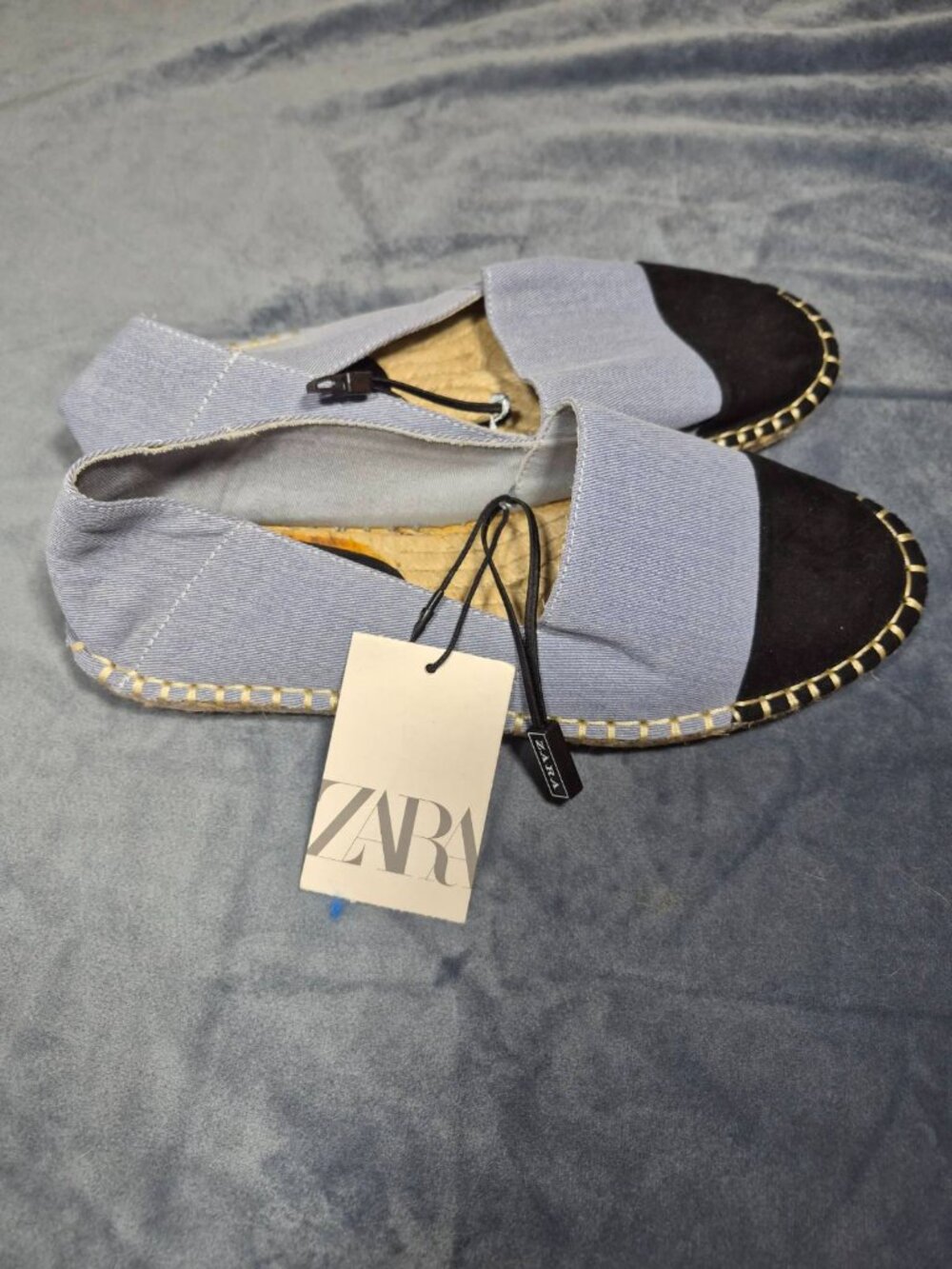 New Zara Denim Blue & Black Cap Toe Esparto Espadrilles Jute Flats size (6) 36